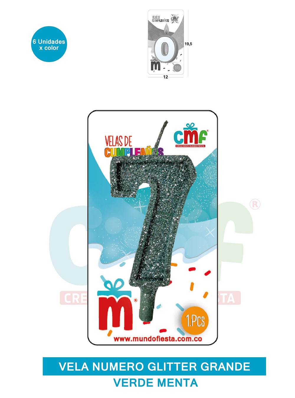 VELA ESCARCHADA NUMERO GRANDE  VERDE MENTA 7