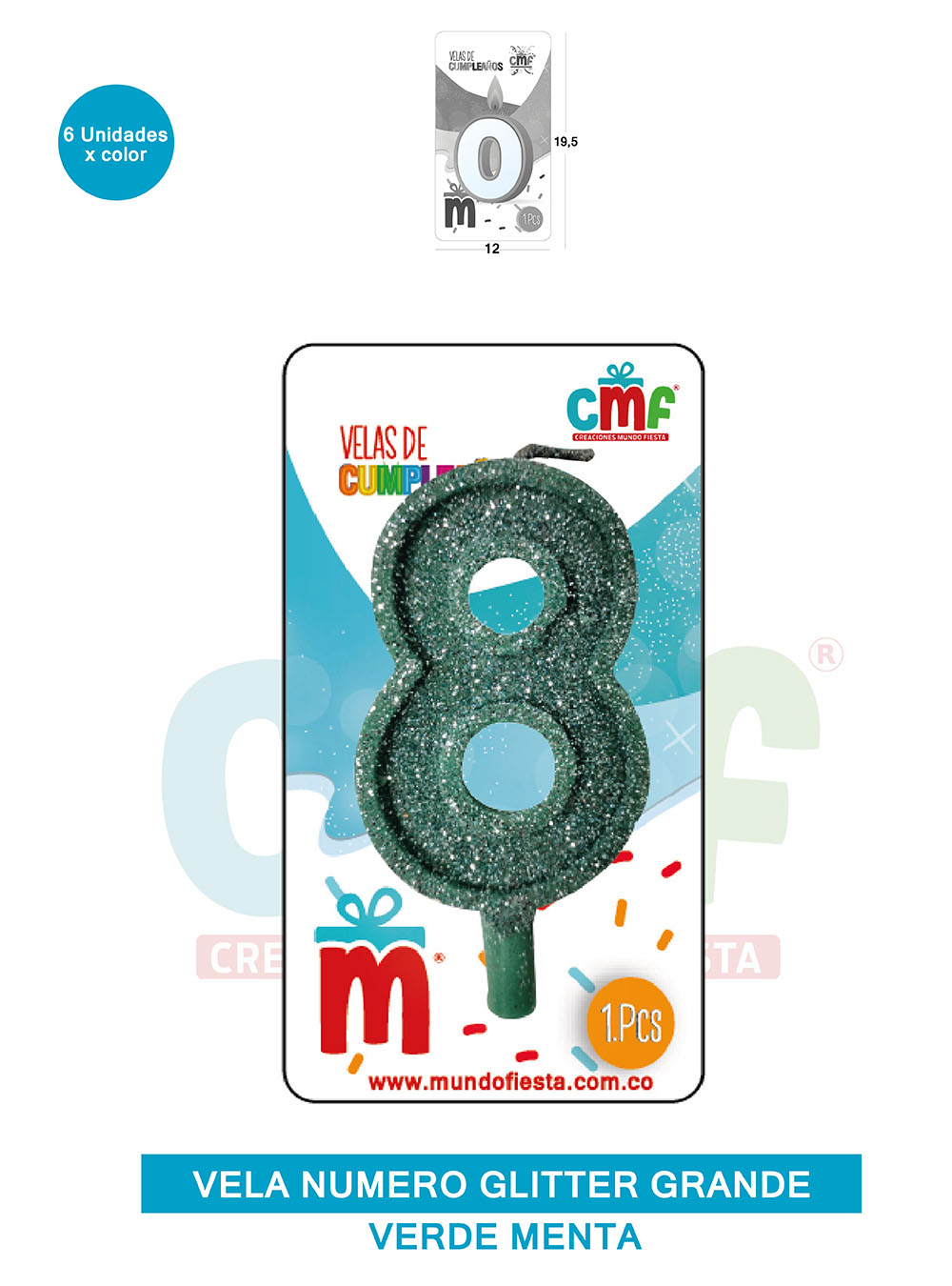 VELA ESCARCHADA NUMERO GRANDE  VERDE MENTA 8