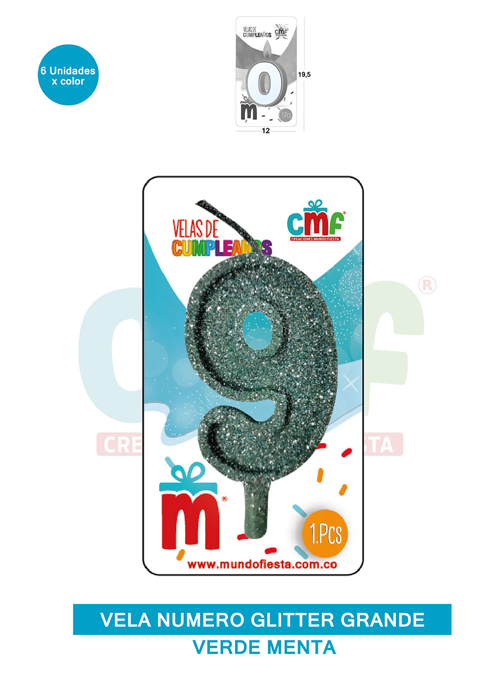 VELA ESCARCHADA NUMERO GRANDE  VERDE MENTA 9