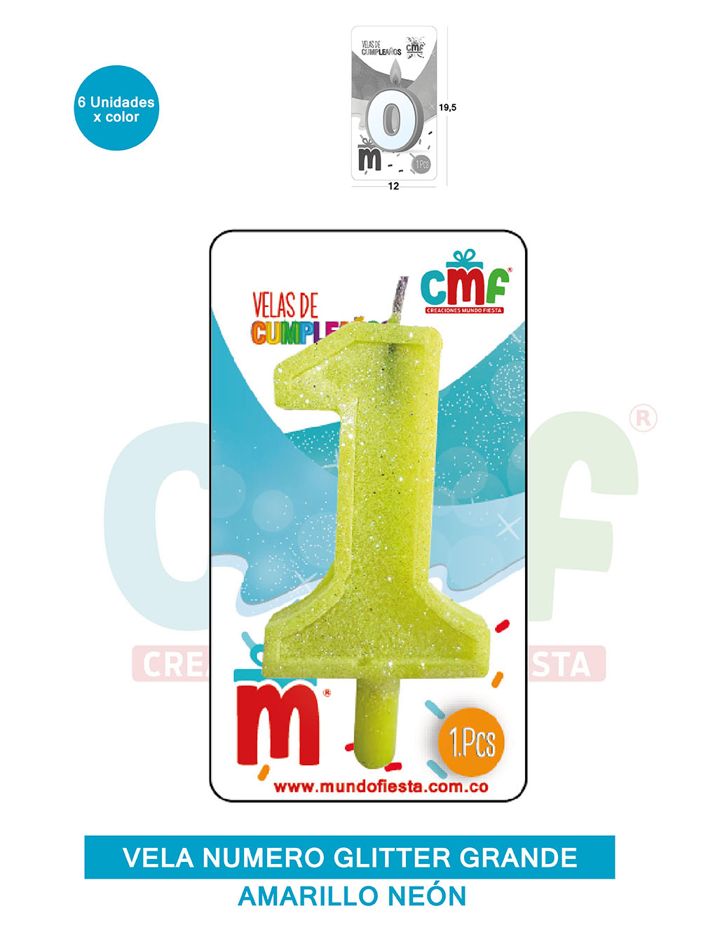 VELA ESCARCHADA NUMERO GRANDE  AMARILLO NEON 1