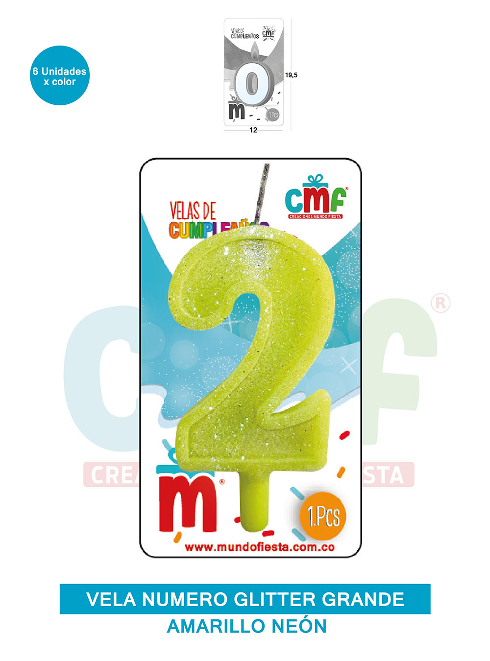 VELA ESCARCHADA NUMERO GRANDE  AMARILLO NEON 2