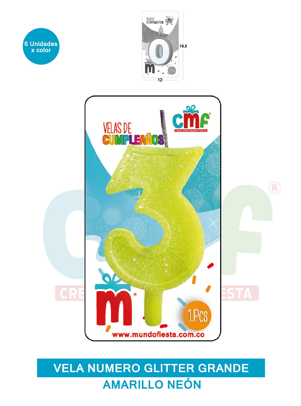 VELA ESCARCHADA NUMERO GRANDE  AMARILLO NEON 3