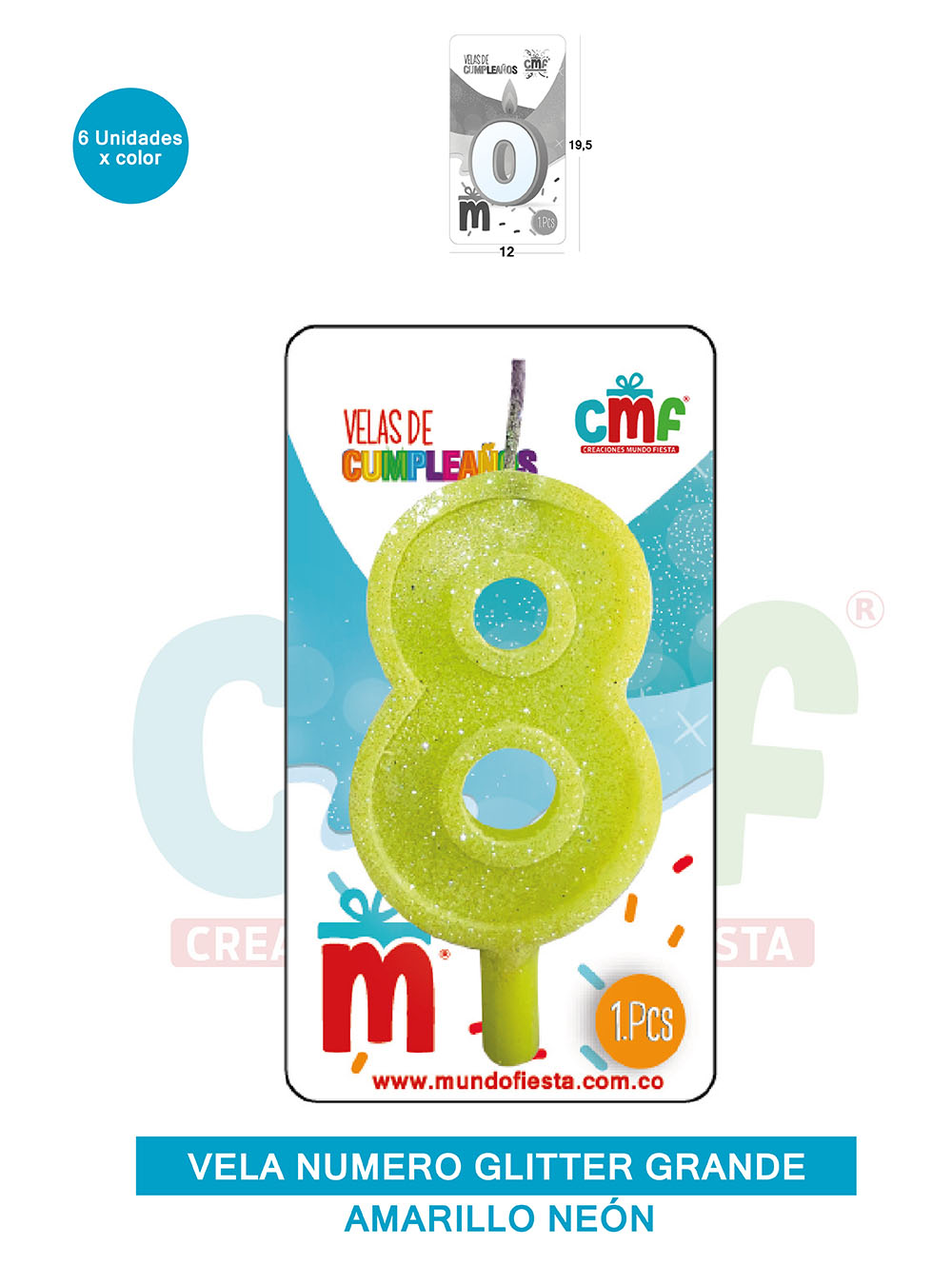 VELA ESCARCHADA NUMERO GRANDE  AMARILLO NEON 8
