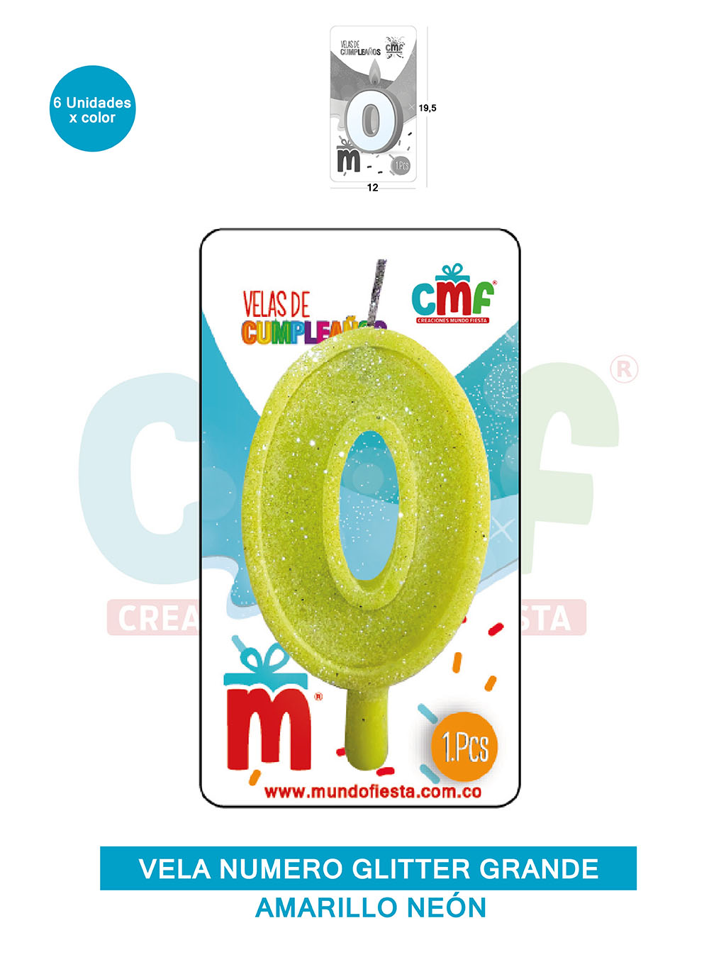 VELA ESCARCHADA NUMERO GRANDE  AMARILLO NEON 0