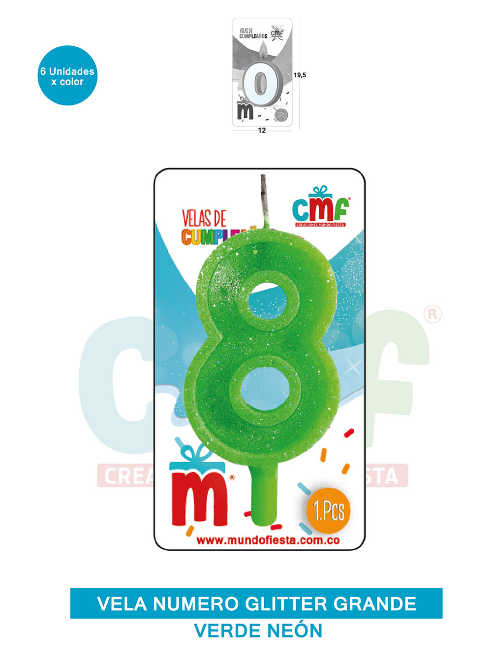 VELA ESCARCHADA NUMERO GRANDE  VERDE NEON 8