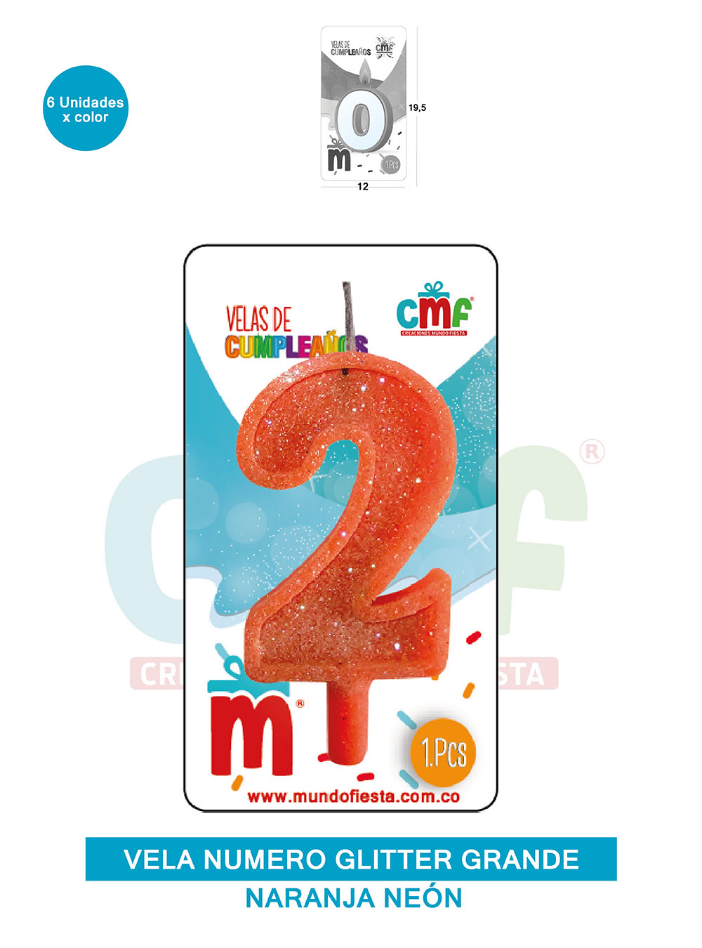 VELA ESCARCHADA NUMERO GRANDE  NARANJA NEON 2