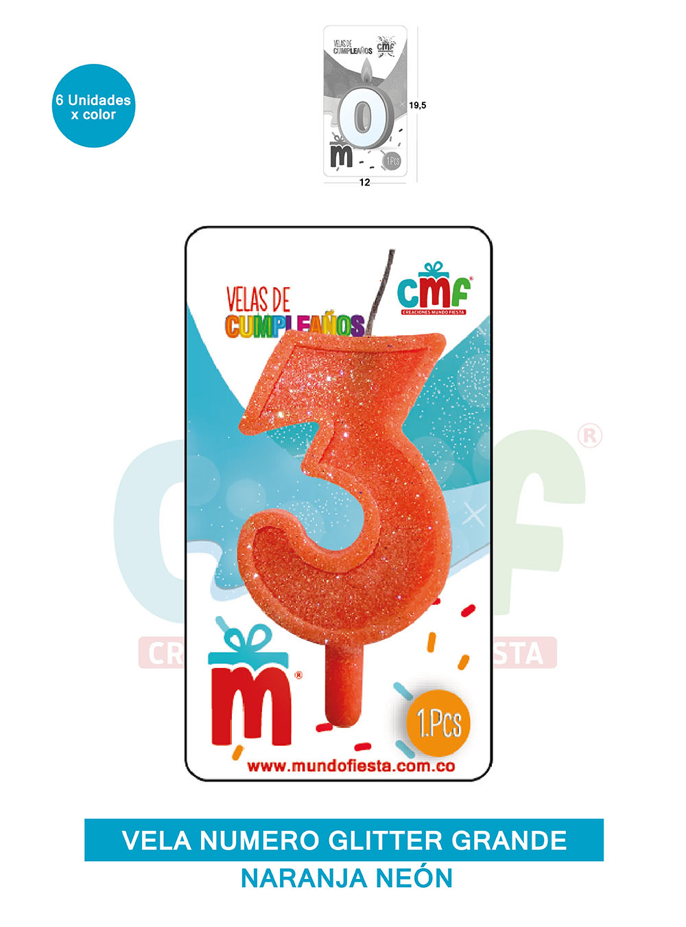 VELA ESCARCHADA NUMERO GRANDE  NARANJA NEON 3