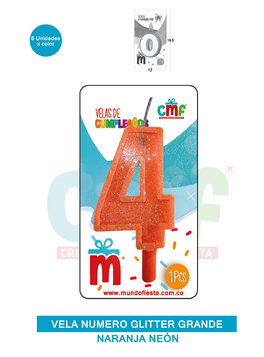 VELA ESCARCHADA NUMERO GRANDE  NARANJA NEON 4