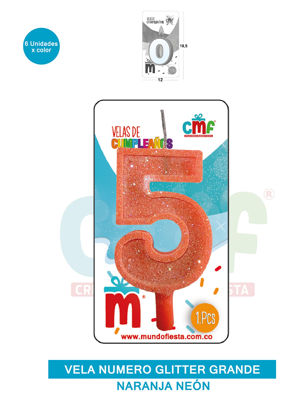 VELA ESCARCHADA NUMERO GRANDE  NARANJA NEON 5
