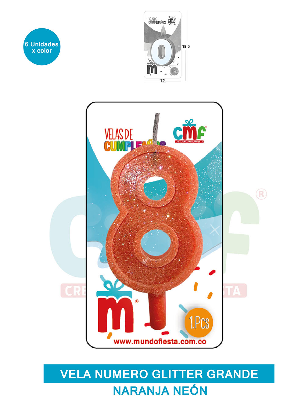 VELA ESCARCHADA NUMERO GRANDE  NARANJA NEON 8