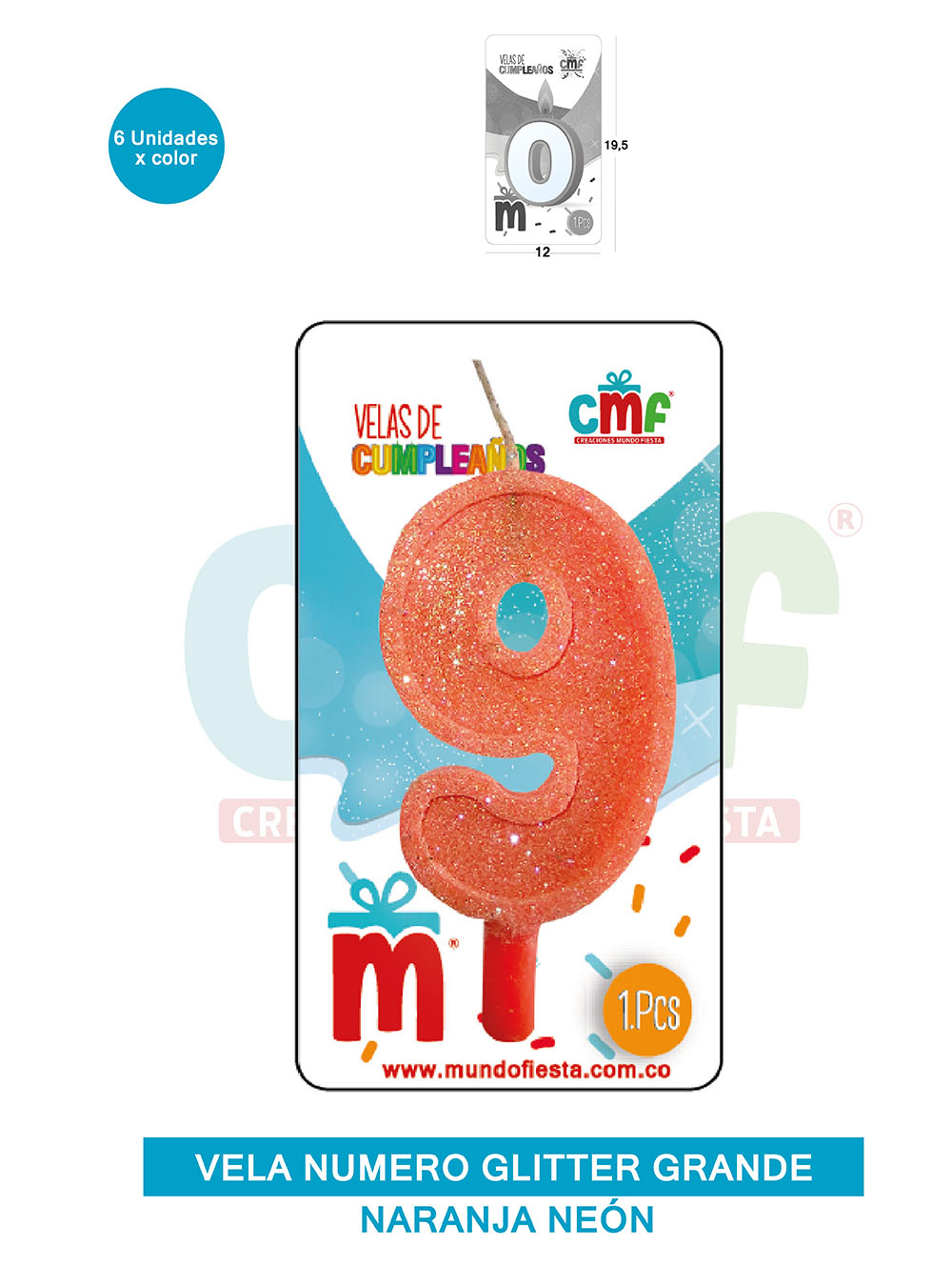 VELA ESCARCHADA NUMERO GRANDE  NARANJA NEON 9