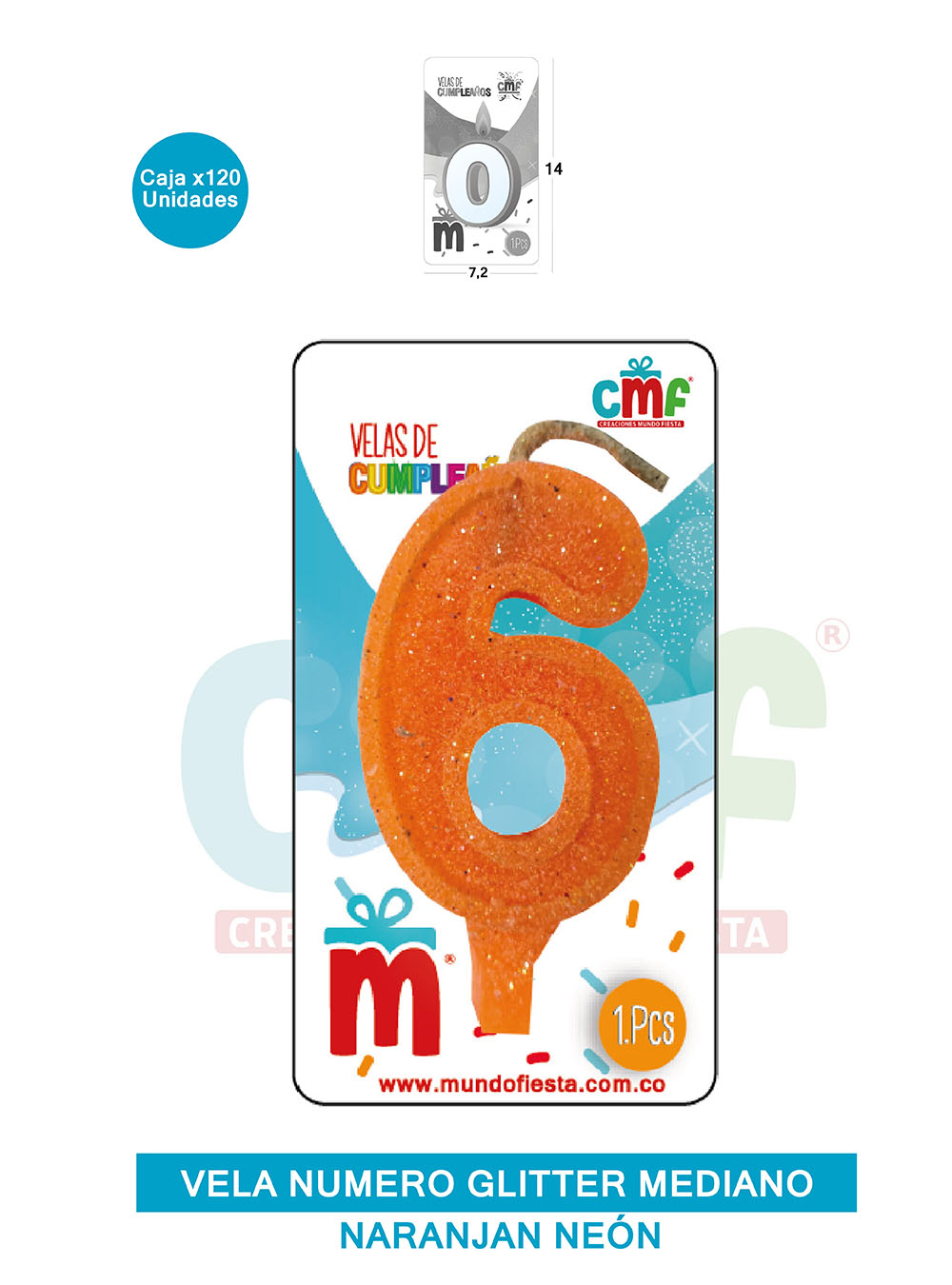 VELA ESCARCHADA  NUMERO MEDIANA NARANJA NEON 6