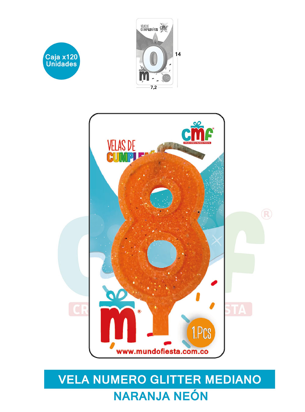 VELA ESCARCHADA  NUMERO MEDIANA NARANJA NEON 8