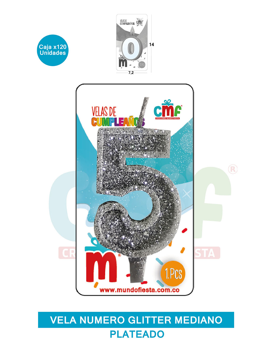 VELA ESCARCHADA  NUMERO MEDIANA PLATEADO 5