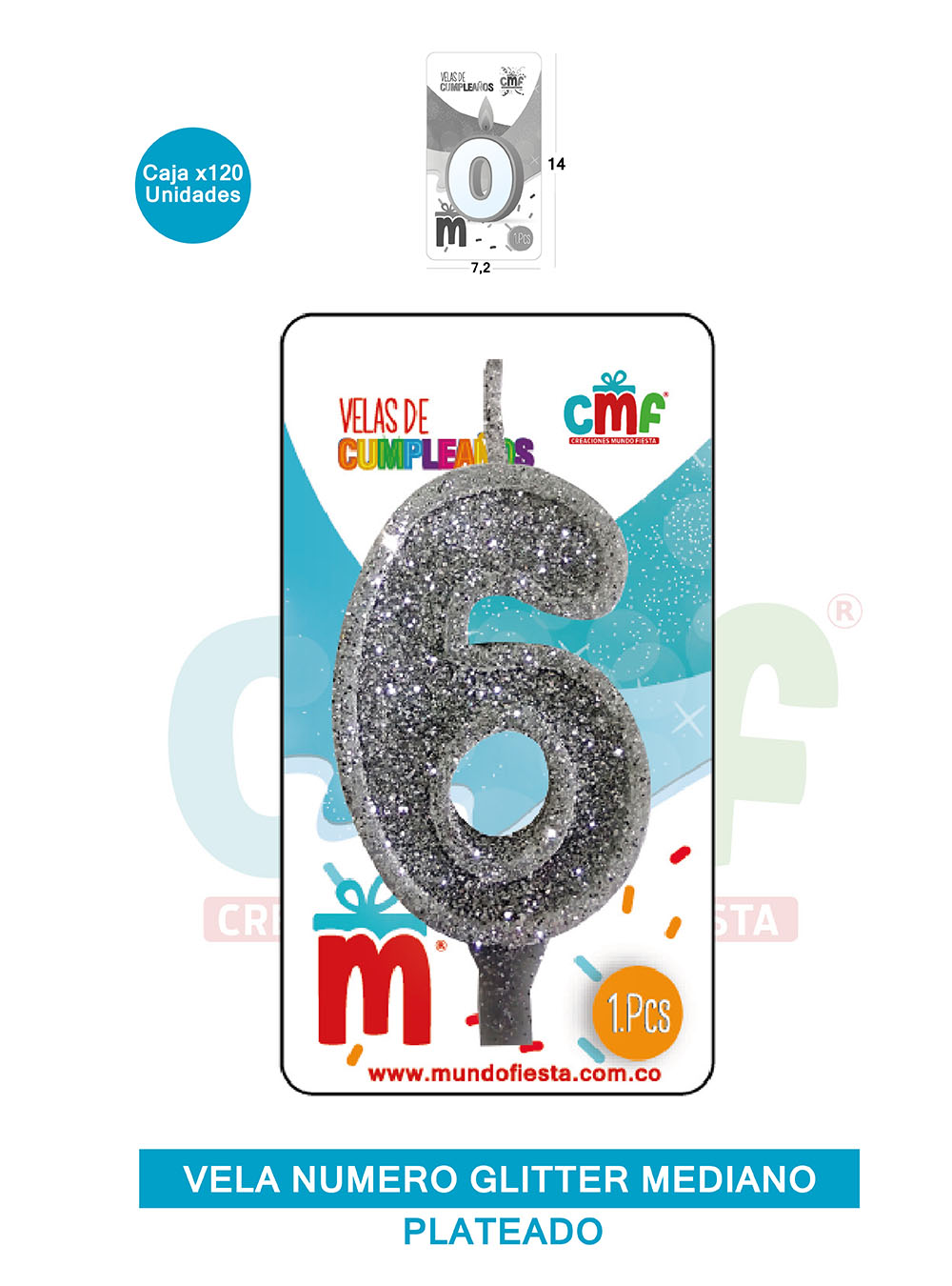 VELA ESCARCHADA  NUMERO MEDIANA PLATEADO 6