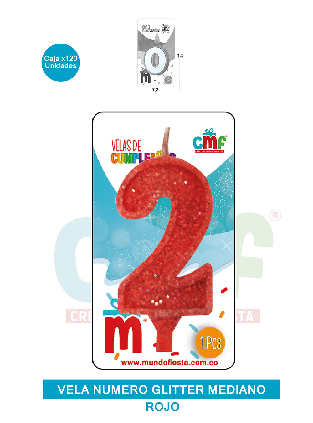 VELA ESCARCHADA  NUMERO MEDIANA ROJO 2