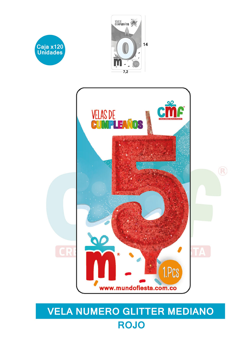 VELA ESCARCHADA  NUMERO MEDIANA ROJO 5