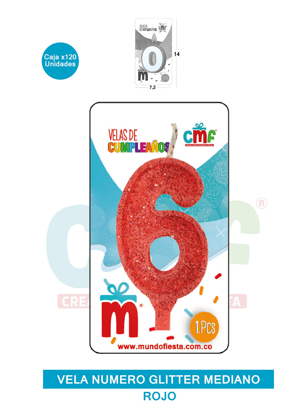 VELA ESCARCHADA  NUMERO MEDIANA ROJO 6