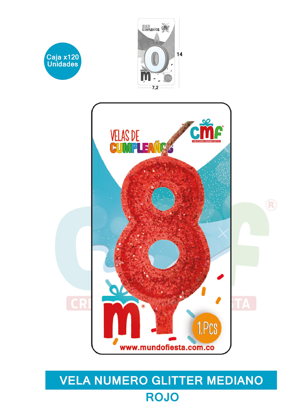 VELA ESCARCHADA  NUMERO MEDIANA ROJO 8