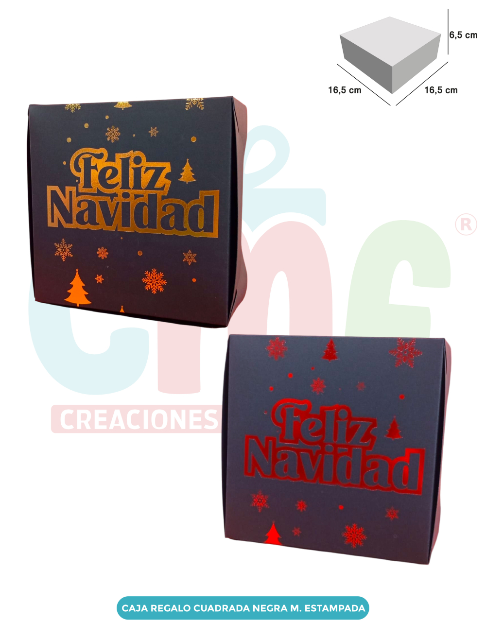 CAJA REGALO CUADRADA NEGRA ESTAMPADA MEDIANA X4