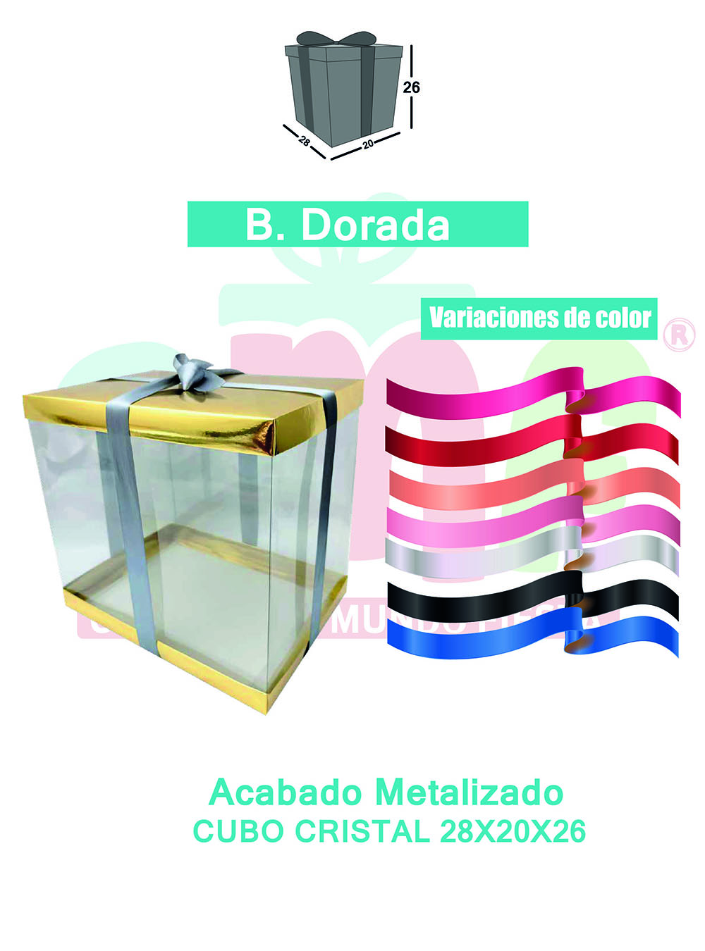 CAJA CUBO CRISTAL GRANDE 28X20X26 METALIZADAS  DORADO