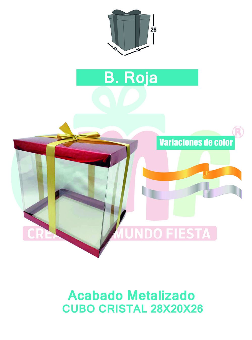 CAJA CUBO CRISTAL GRANDE 28X20X26 METALIZADAS  ROJO