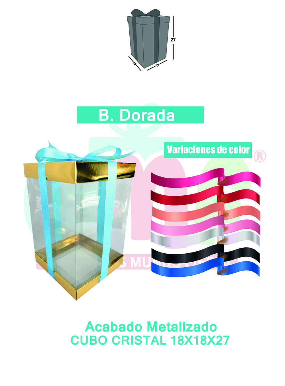 CAJA CUBO CRISTAL MEDIANA 18X18X27 METALIZADAS  DORADO