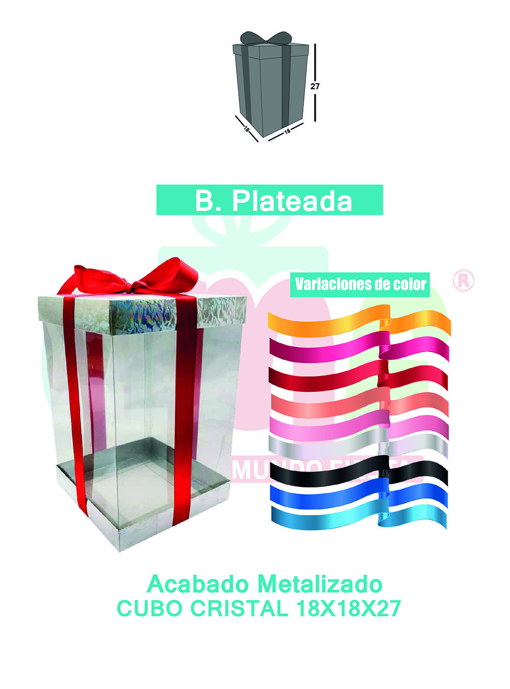 CAJA CUBO CRISTAL MEDIANA 18X18X27 METALIZADAS  PLATA