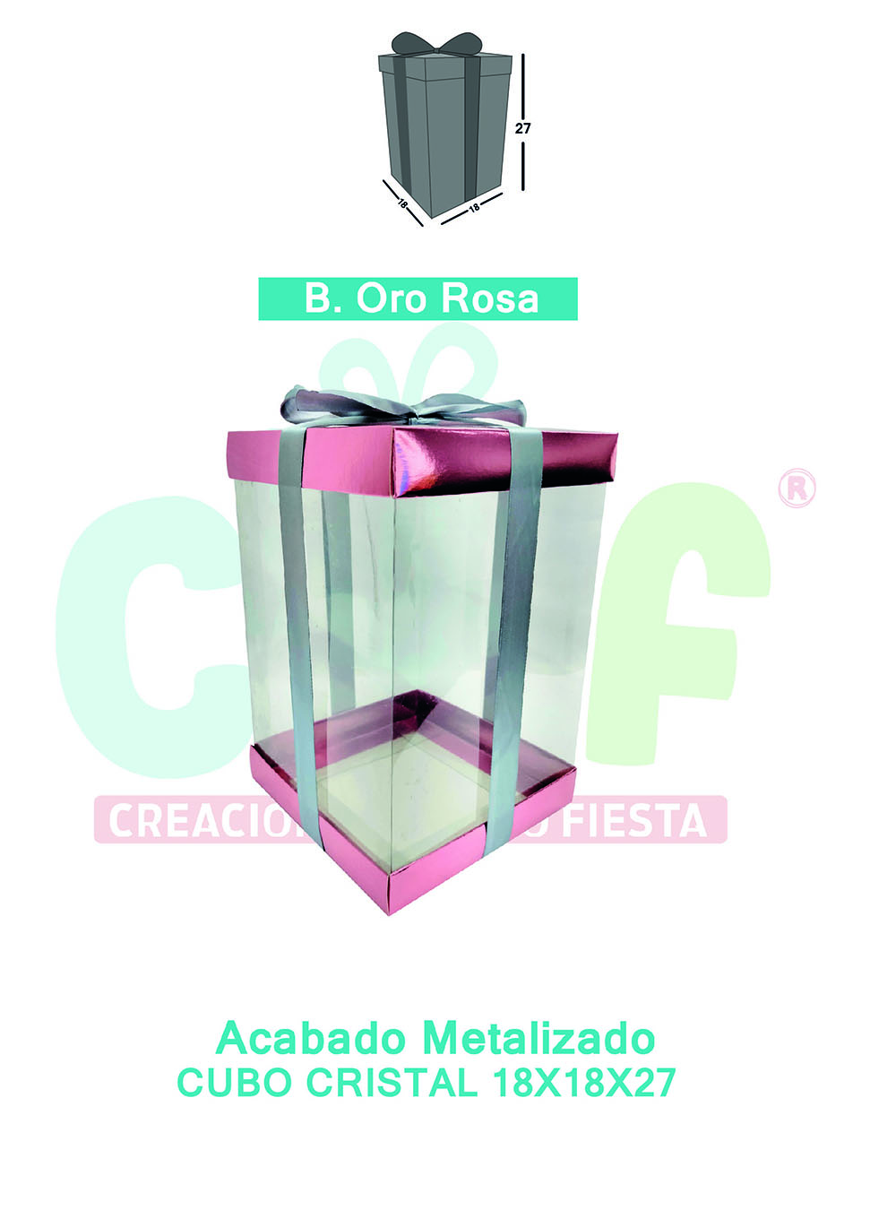 CAJA CUBO CRISTAL MEDIANA 18X18X27 METALIZADAS  ORO ROSA