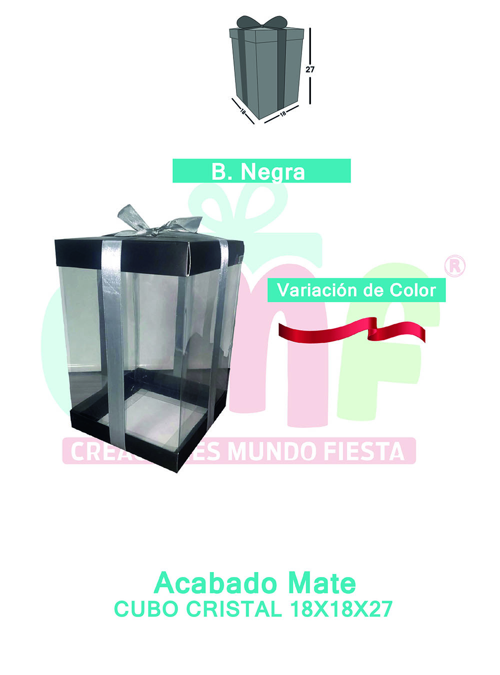 CAJA CUBO CRISTAL MEDIANA 18X18X27 METALIZADAS  NEGRO