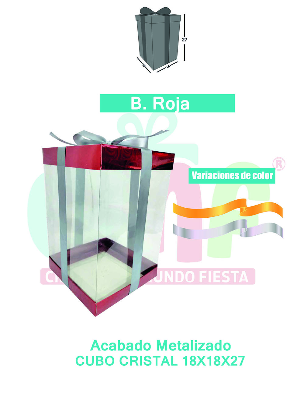 CAJA CUBO CRISTAL MEDIANA 18X18X27 METALIZADAS  ROJO