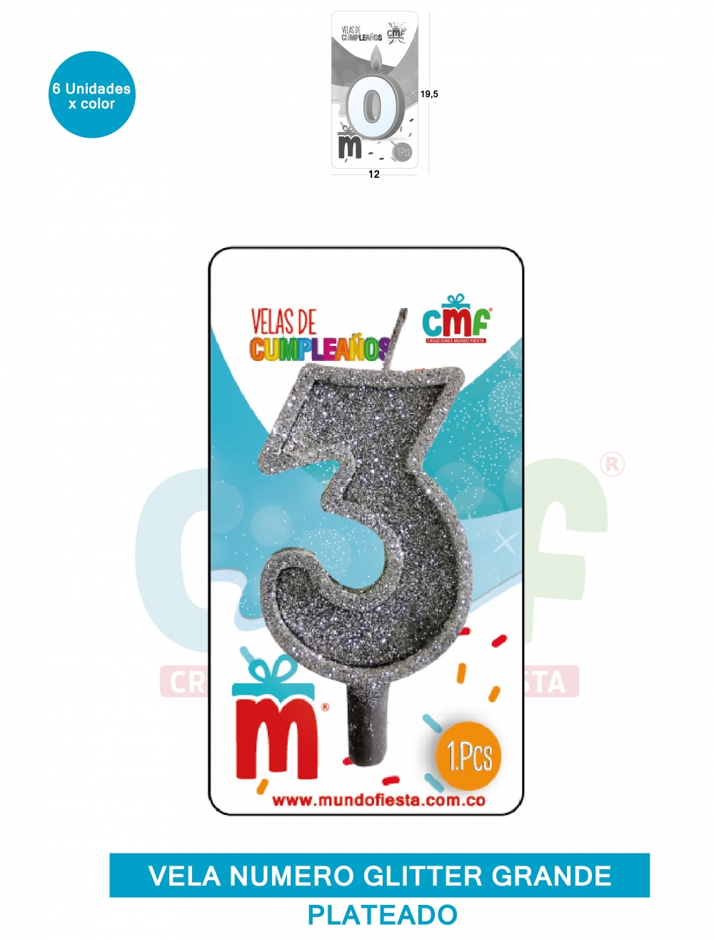VELA ESCARCHADA NUMERO GRANDE  PLATEADO 3