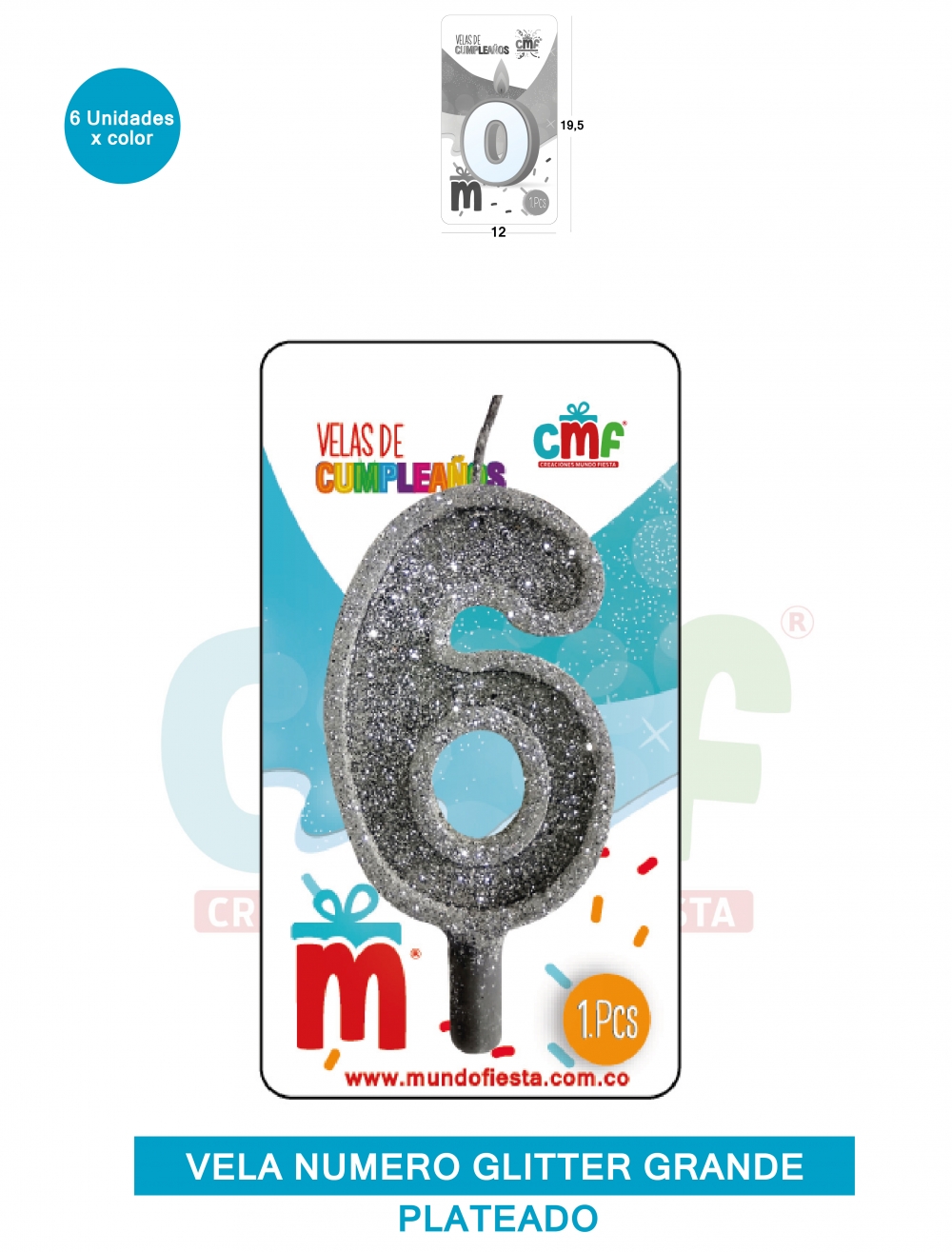 VELA ESCARCHADA NUMERO GRANDE  PLATEADO 6
