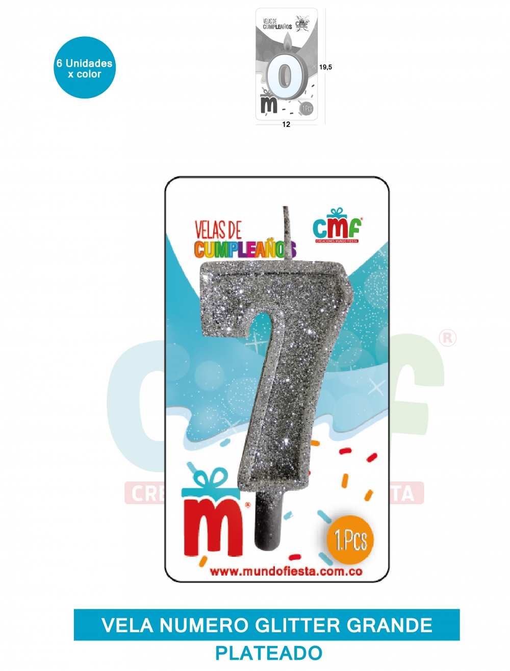 VELA ESCARCHADA NUMERO GRANDE  PLATEADO 7
