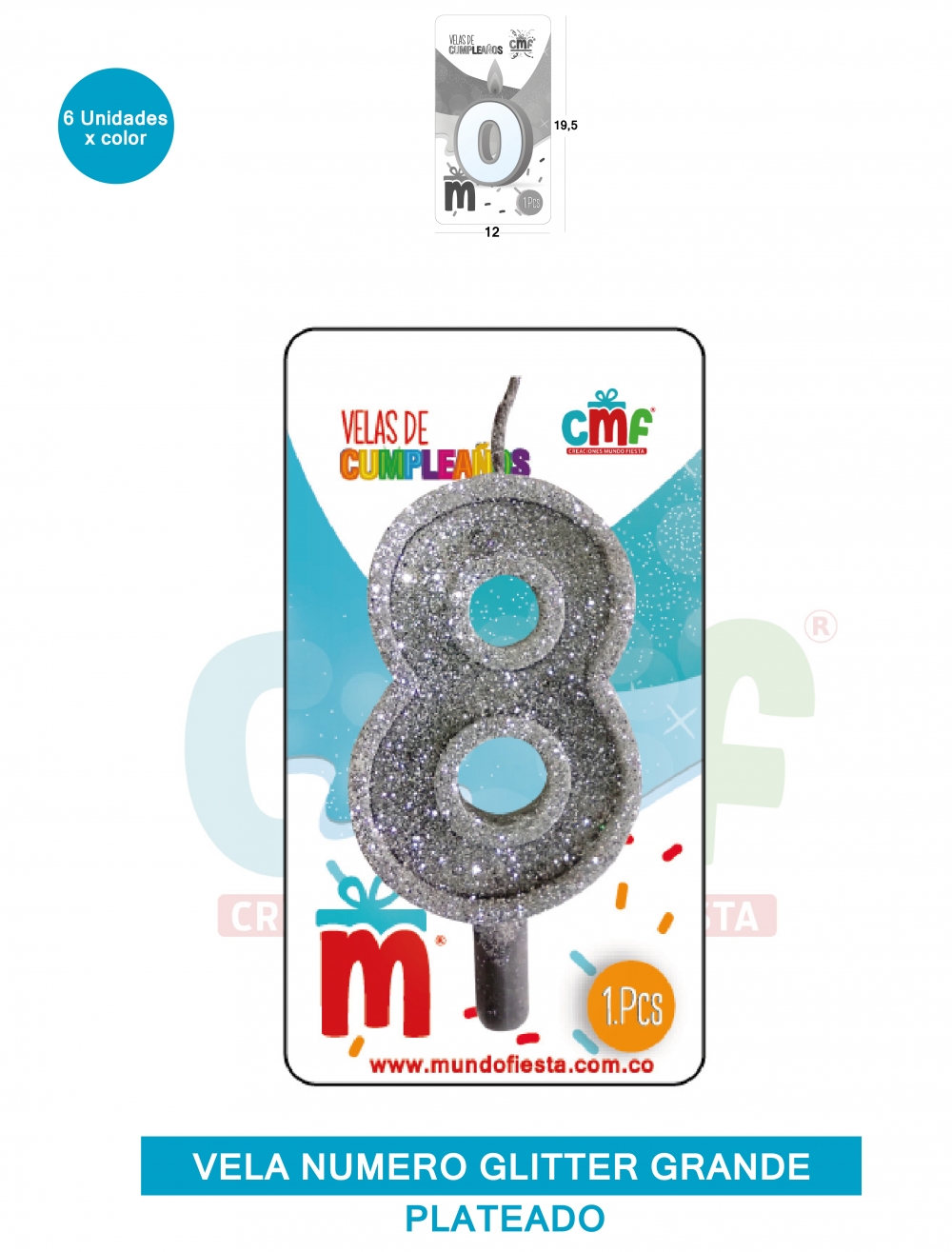 VELA ESCARCHADA NUMERO GRANDE  PLATEADO 8