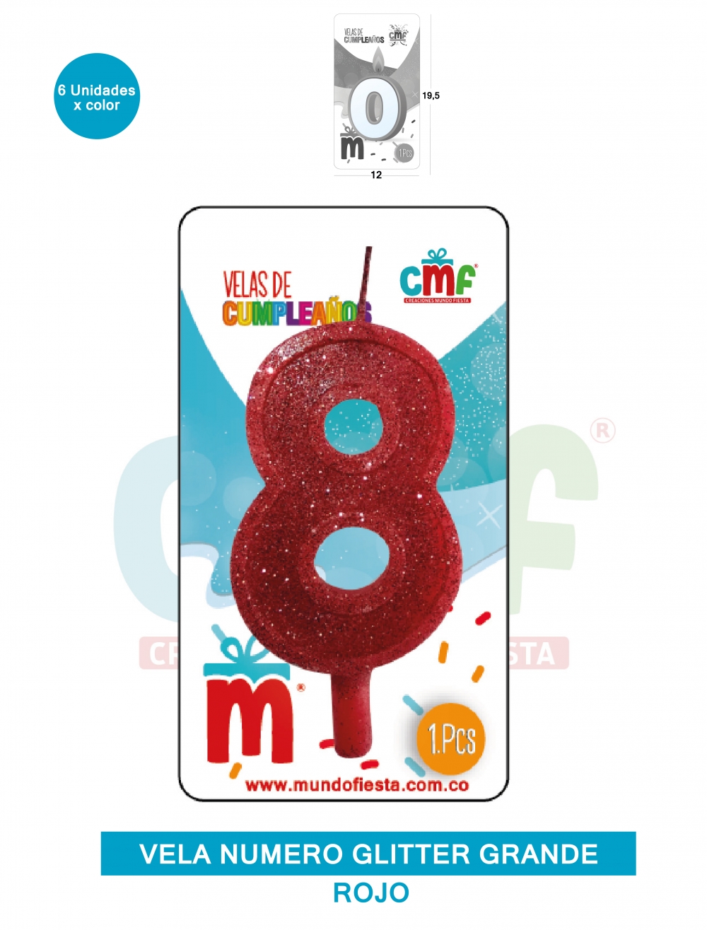 VELA ESCARCHADA NUMERO GRANDE  ROJO 8