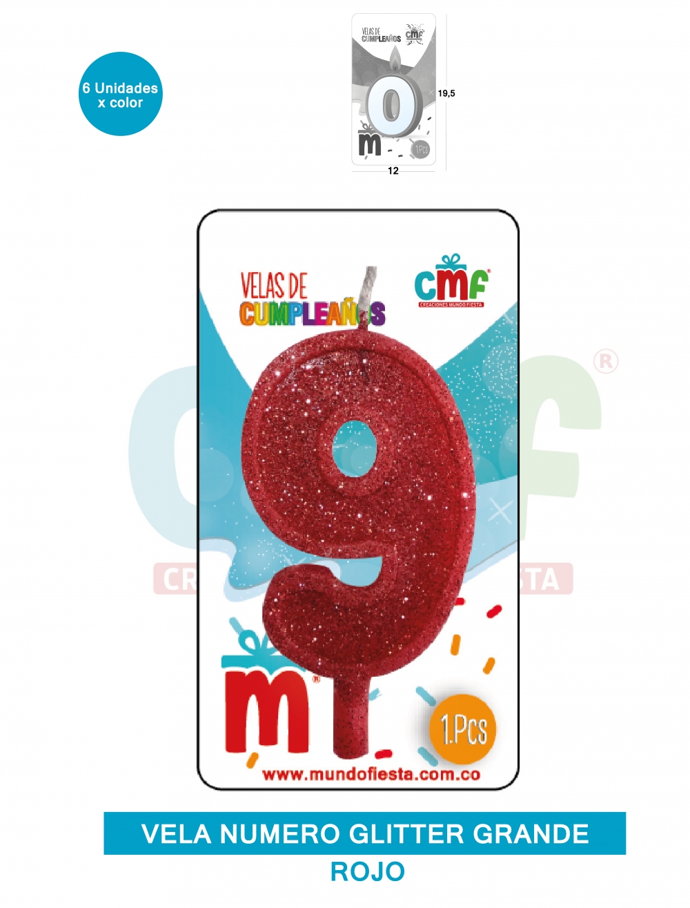 VELA ESCARCHADA NUMERO GRANDE  ROJO 9