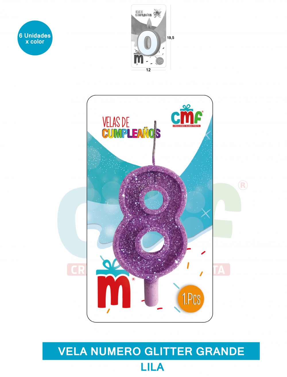 VELA ESCARCHADA NUMERO GRANDE  LILA 8