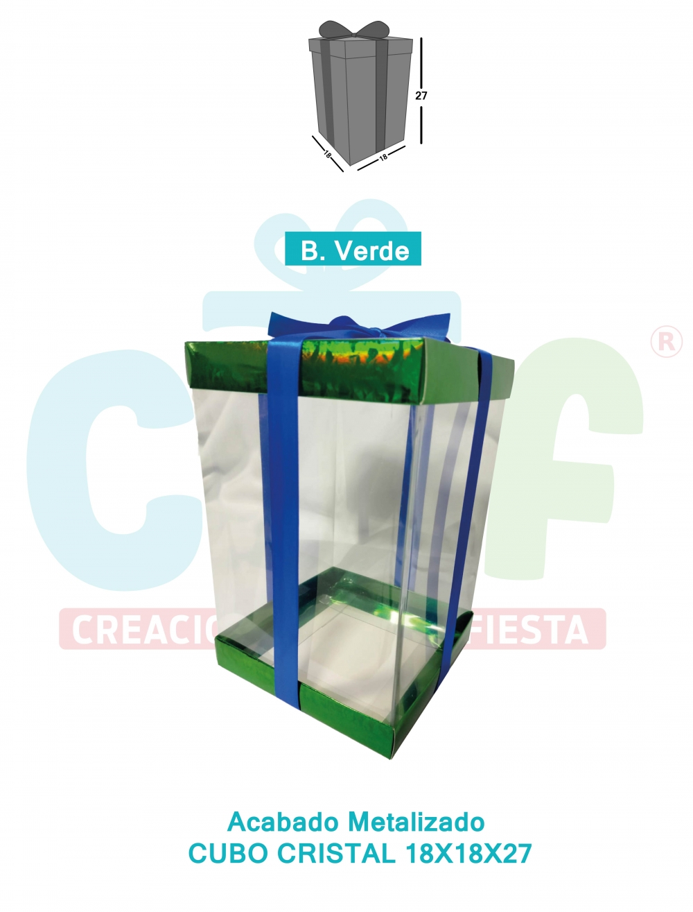 CAJA CUBO CRISTAL MEDIANA 18X18X27 METALIZADAS  VERDE