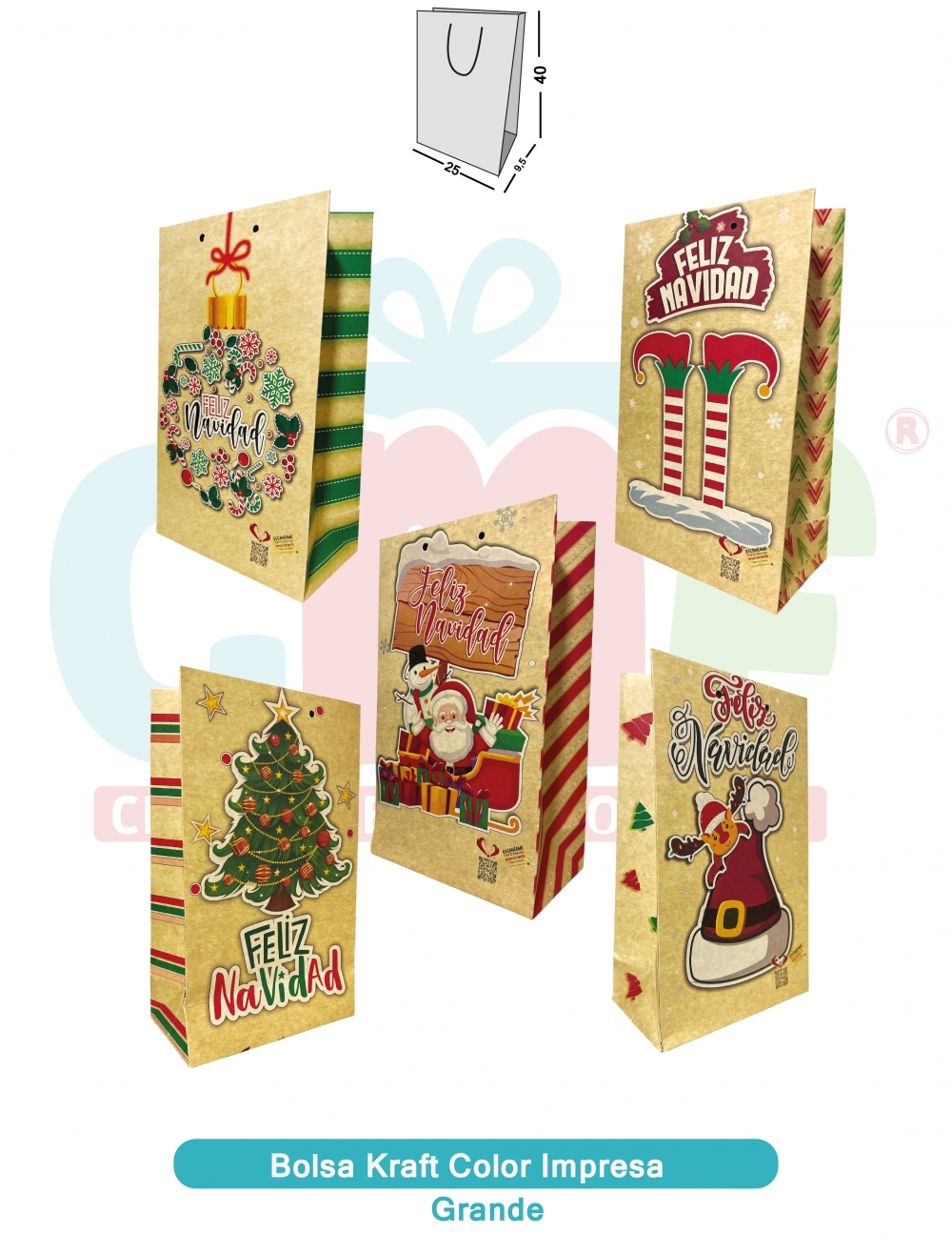 BOLSA KRAFT COLOR IMPRESA GRANDE X10  NAVIDAD